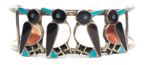 vintage zuni bird magpie inlay mosaic cuff bracelet 4 birds