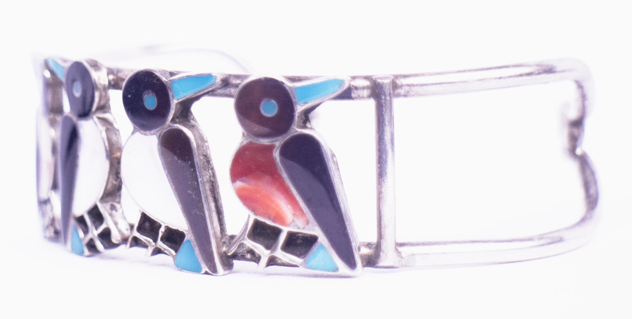 vintage zuni bird magpie inlay mosaic cuff bracelet 4 birds