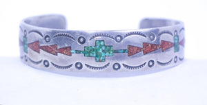 vintage turquoise inlaid sterling silver cuff bracelet