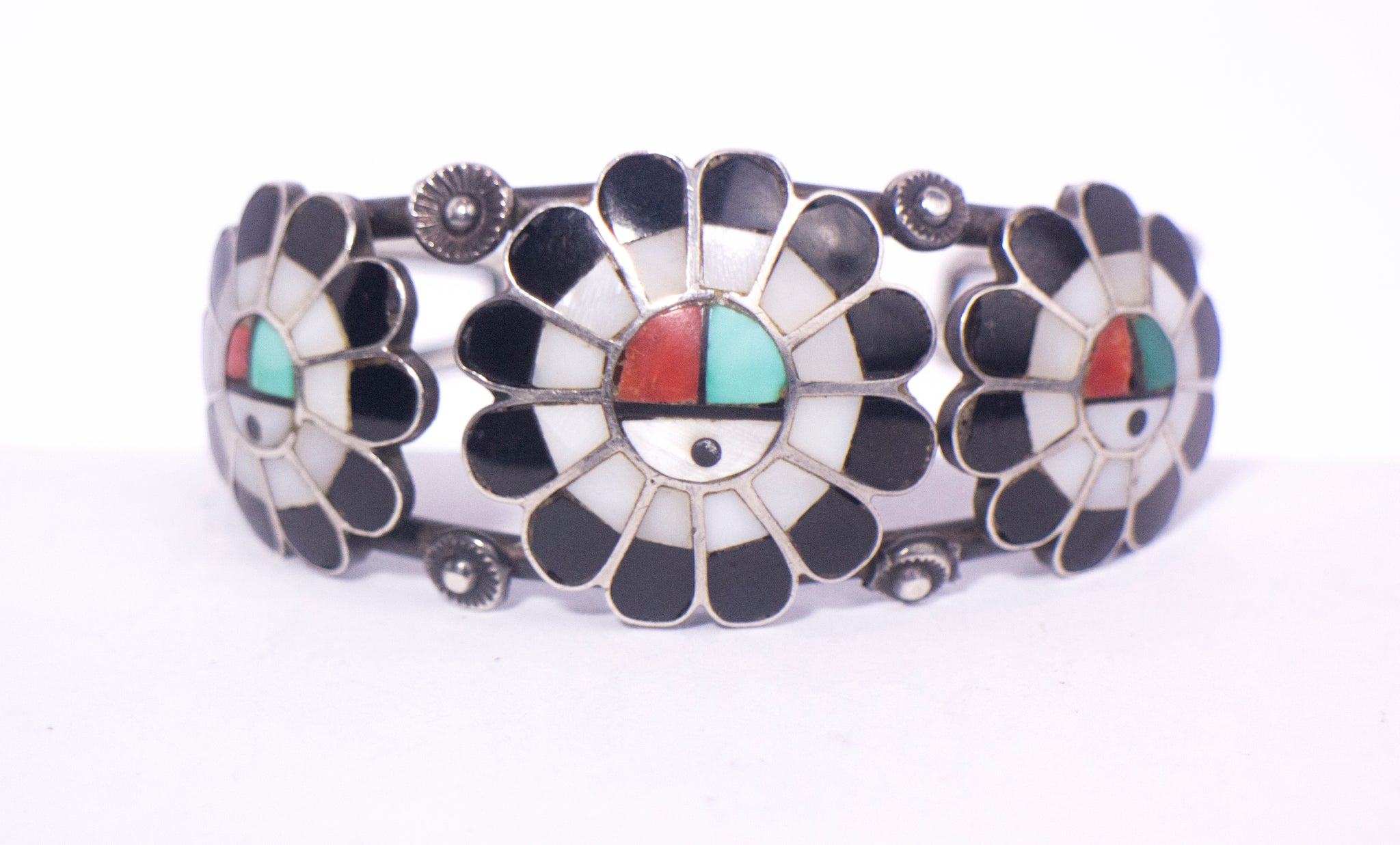 vintage sunface turquoise onyx inlaid cuff